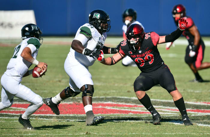 San Diego State edge rusher Cameron Thomas rushes the passer